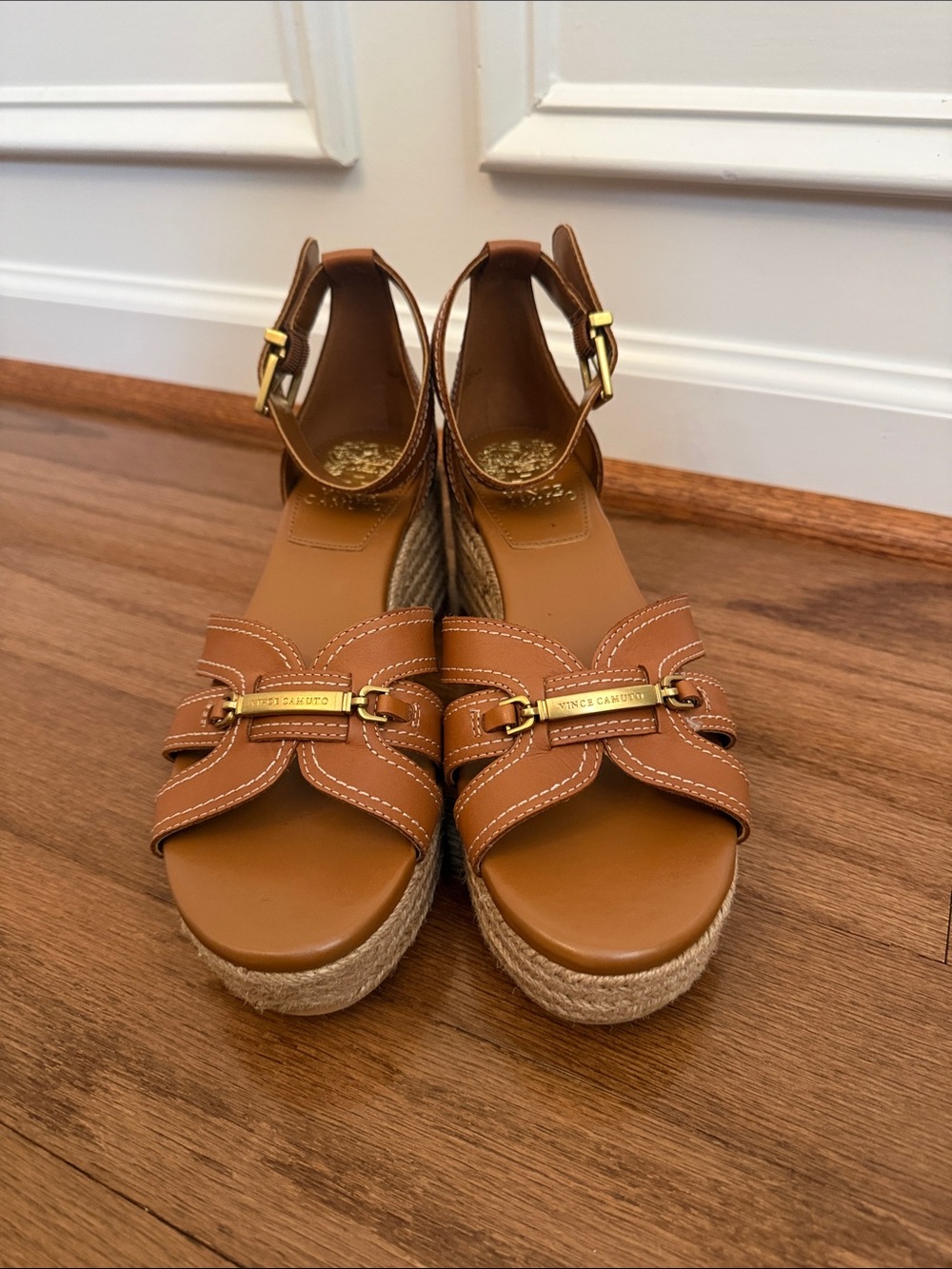 Brunch or Church Go To Wedges Vince Camuto Tan Wedge Sandals with Gold Accents - Picture 2 of 7